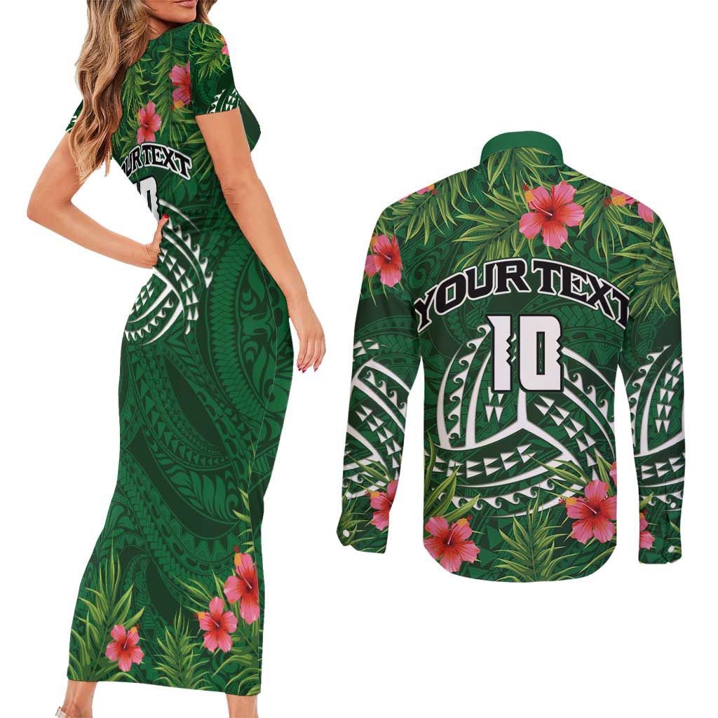 Custom Hawaii Volleyball Couples Matching Short Sleeve Bodycon Dress and Long Sleeve Button Shirt Kakau Abstract and Tropical Plants Green Color - Polynesian Pride