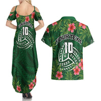 Custom Hawaii Volleyball Couples Matching Summer Maxi Dress and Hawaiian Shirt Kakau Abstract and Tropical Plants Green Color - Polynesian Pride