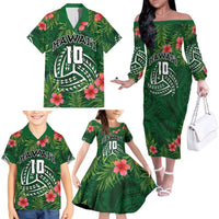 Custom Hawaii Volleyball Family Matching Off The Shoulder Long Sleeve Dress and Hawaiian Shirt Kakau Abstract and Tropical Plants Green Color - Polynesian Pride