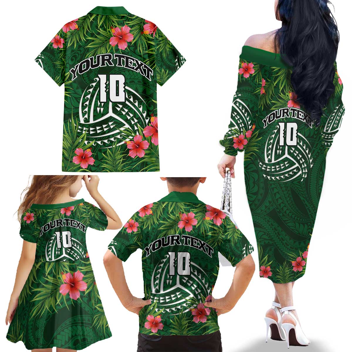 Custom Hawaii Volleyball Family Matching Off The Shoulder Long Sleeve Dress and Hawaiian Shirt Kakau Abstract and Tropical Plants Green Color - Polynesian Pride