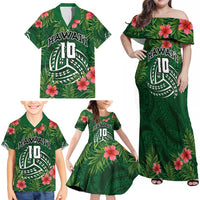 Custom Hawaii Volleyball Family Matching Off Shoulder Maxi Dress and Hawaiian Shirt Kakau Abstract and Tropical Plants Green Color - Polynesian Pride