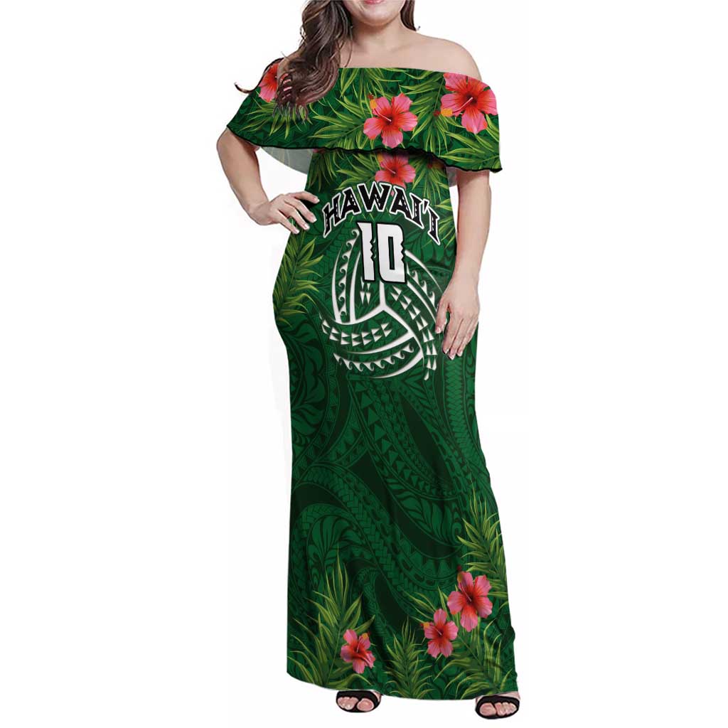 Custom Hawaii Volleyball Family Matching Off Shoulder Maxi Dress and Hawaiian Shirt Kakau Abstract and Tropical Plants Green Color - Polynesian Pride