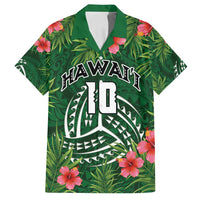 Custom Hawaii Volleyball Family Matching Off Shoulder Short Dress and Hawaiian Shirt Kakau Abstract and Tropical Plants Green Color - Polynesian Pride