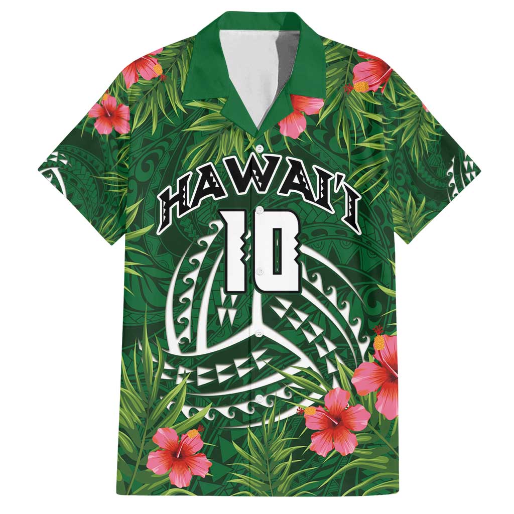 Custom Hawaii Volleyball Family Matching Puletasi and Hawaiian Shirt Kakau Abstract and Tropical Plants Green Color - Polynesian Pride