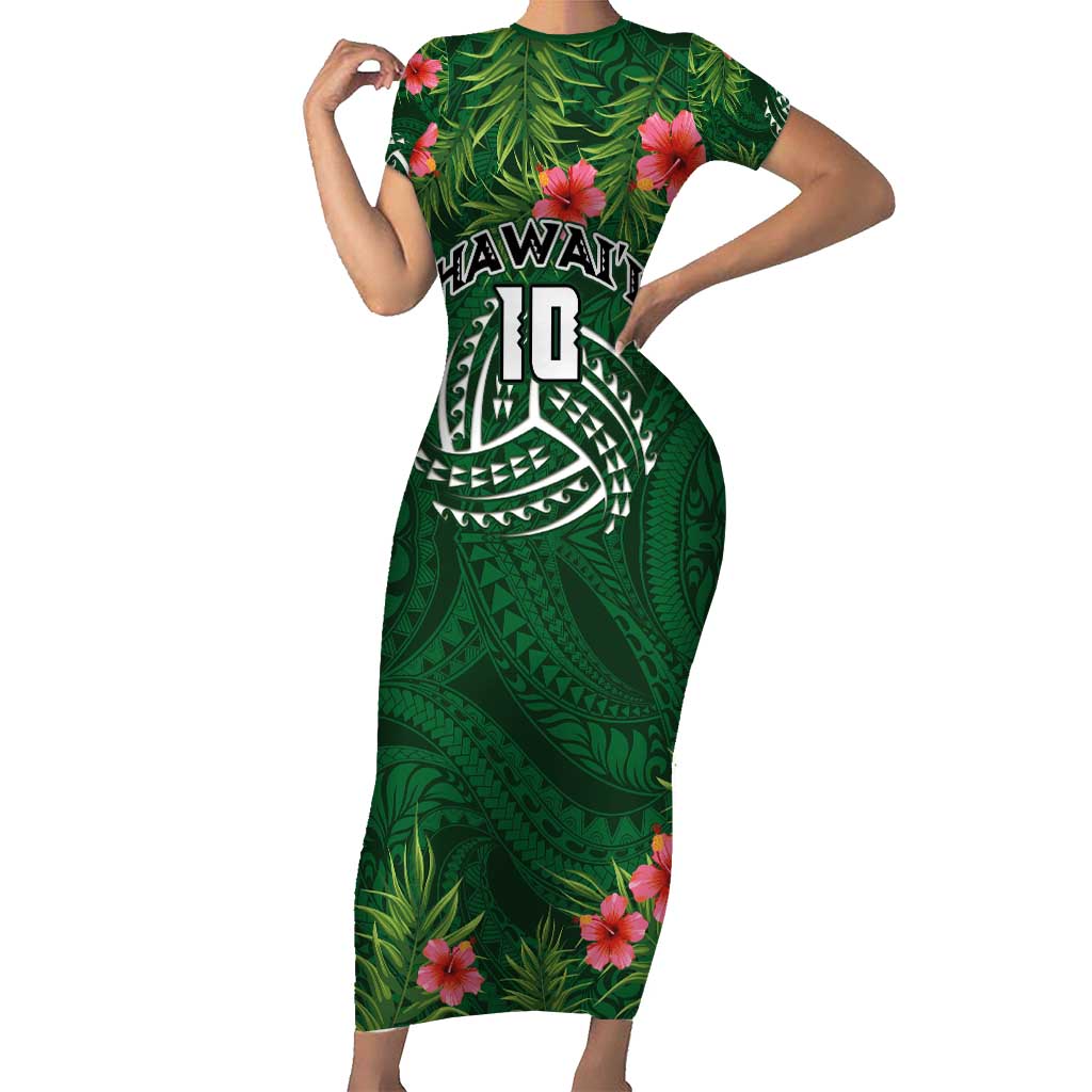 Custom Hawaii Volleyball Family Matching Short Sleeve Bodycon Dress and Hawaiian Shirt Kakau Abstract and Tropical Plants Green Color - Polynesian Pride