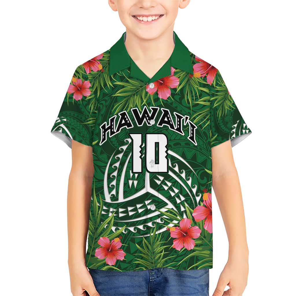 Custom Hawaii Volleyball Family Matching Short Sleeve Bodycon Dress and Hawaiian Shirt Kakau Abstract and Tropical Plants Green Color - Polynesian Pride