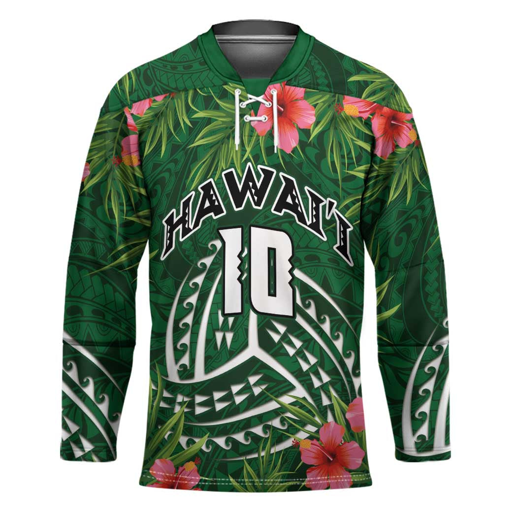 Custom Hawaii Volleyball Hockey Jersey Kakau Abstract and Tropical Plants Green Color - Polynesian Pride