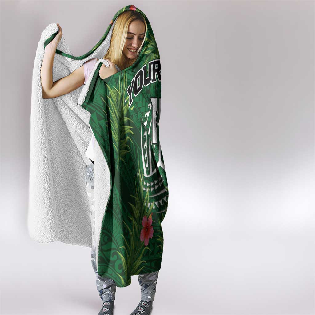 Custom Hawaii Volleyball Hooded Blanket Kakau Abstract and Tropical Plants Green Color - Polynesian Pride