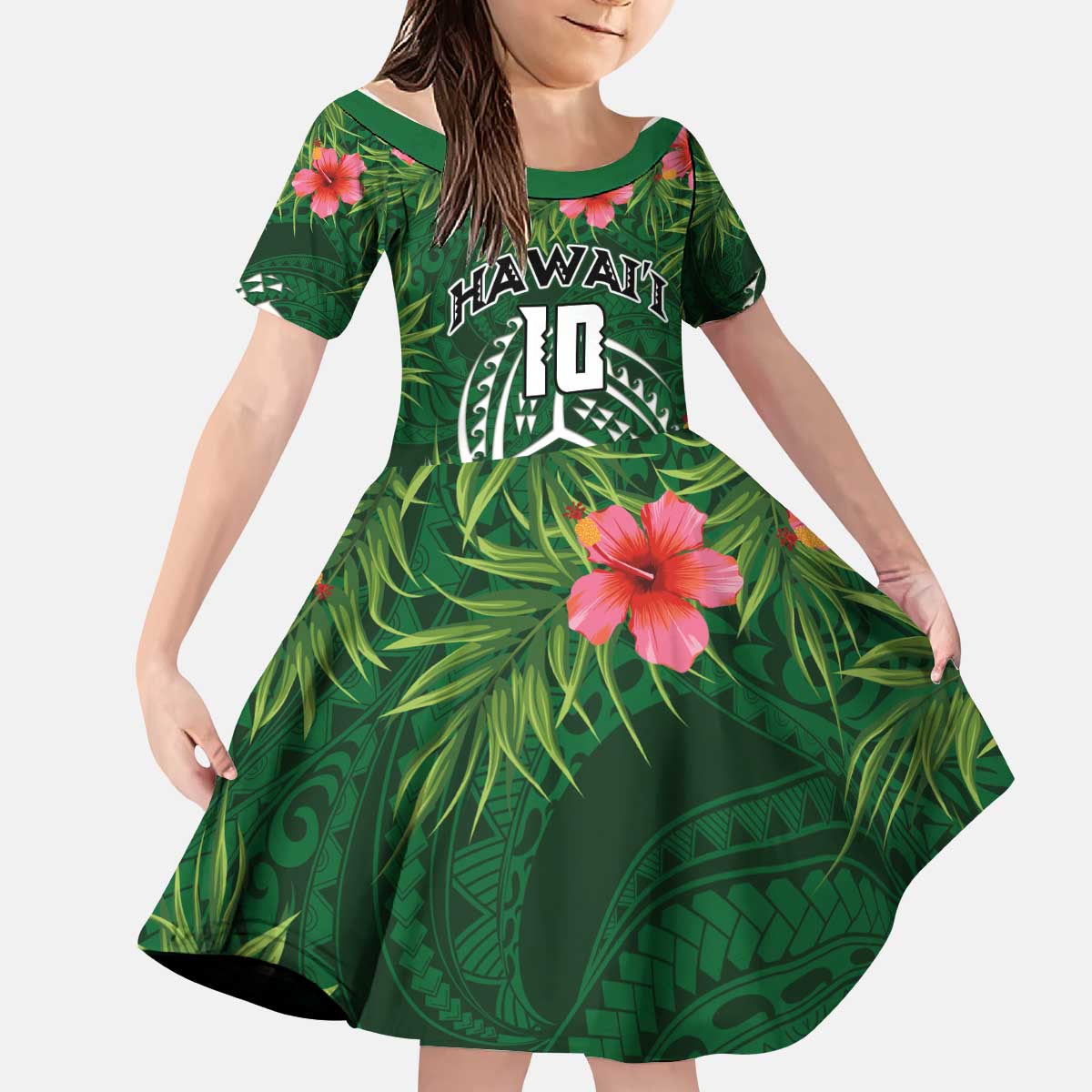 Custom Hawaii Volleyball Kid Short Sleeve Dress Kakau Abstract and Tropical Plants Green Color - Polynesian Pride