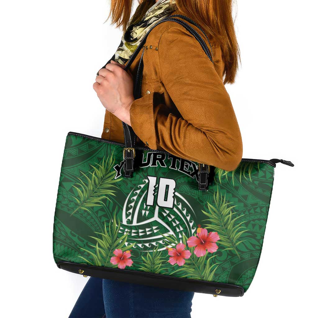 Custom Hawaii Volleyball Leather Tote Bag Kakau Abstract and Tropical Plants Green Color - Polynesian Pride