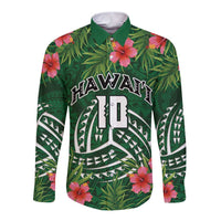 Custom Hawaii Volleyball Long Sleeve Button Shirt Kakau Abstract and Tropical Plants Green Color - Polynesian Pride
