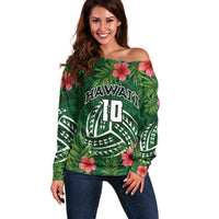 Custom Hawaii Volleyball Off Shoulder Sweater Kakau Abstract and Tropical Plants Green Color - Polynesian Pride