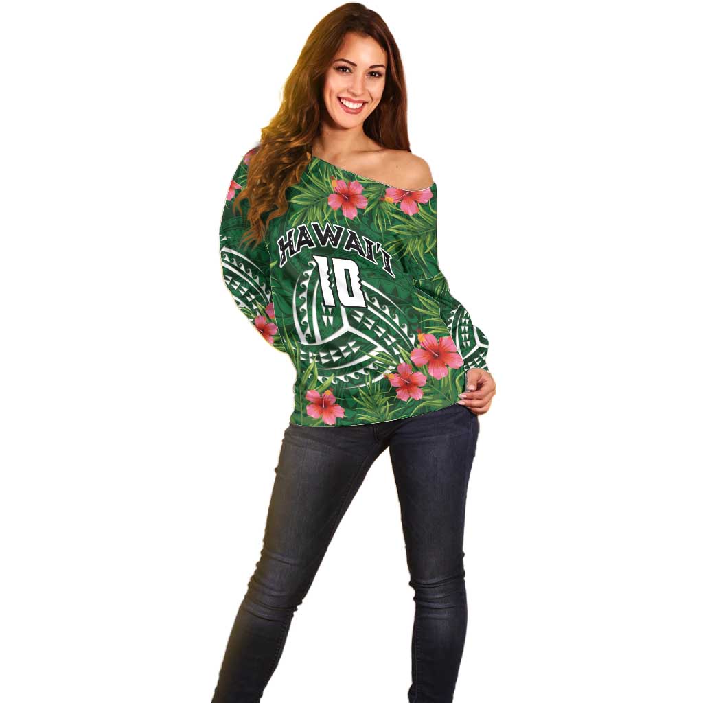 Custom Hawaii Volleyball Off Shoulder Sweater Kakau Abstract and Tropical Plants Green Color - Polynesian Pride
