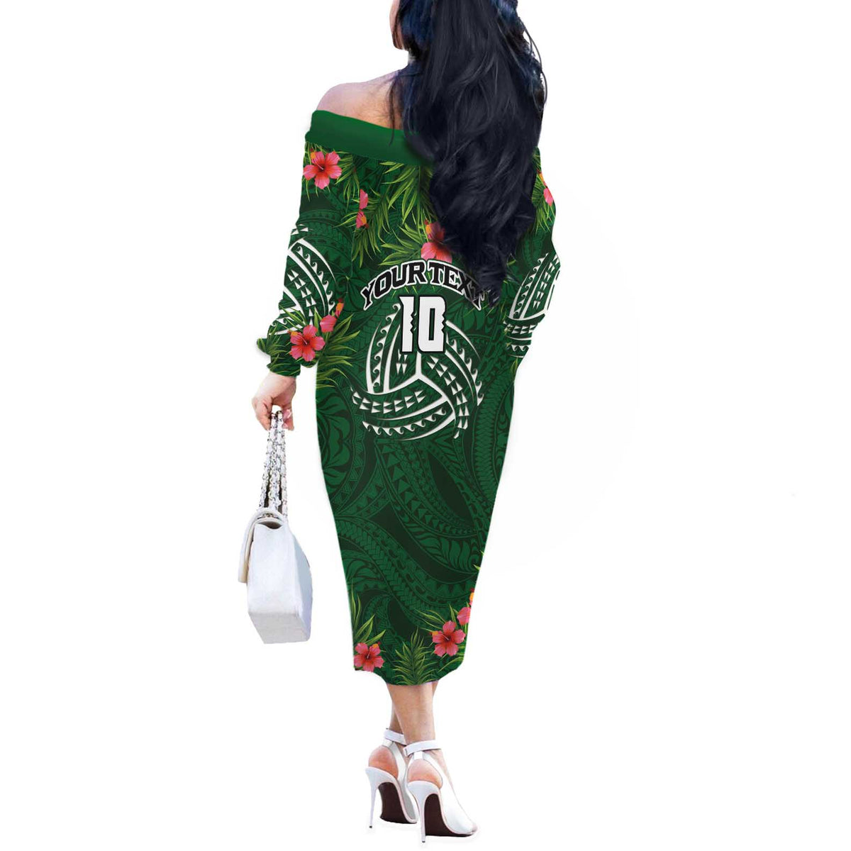 Custom Hawaii Volleyball Off The Shoulder Long Sleeve Dress Kakau Abstract and Tropical Plants Green Color - Polynesian Pride