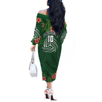 Custom Hawaii Volleyball Off The Shoulder Long Sleeve Dress Kakau Abstract and Tropical Plants Green Color - Polynesian Pride