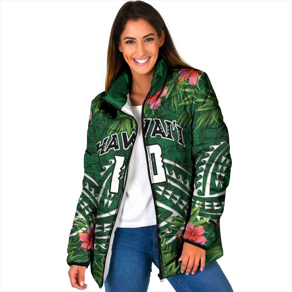 Custom Hawaii Volleyball Padded Jacket Kakau Abstract and Tropical Plants Green Color - Polynesian Pride