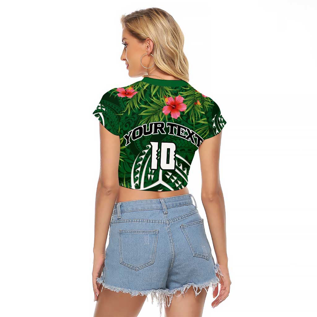 Custom Hawaii Volleyball Raglan Cropped T Shirt Kakau Abstract and Tropical Plants Green Color - Polynesian Pride
