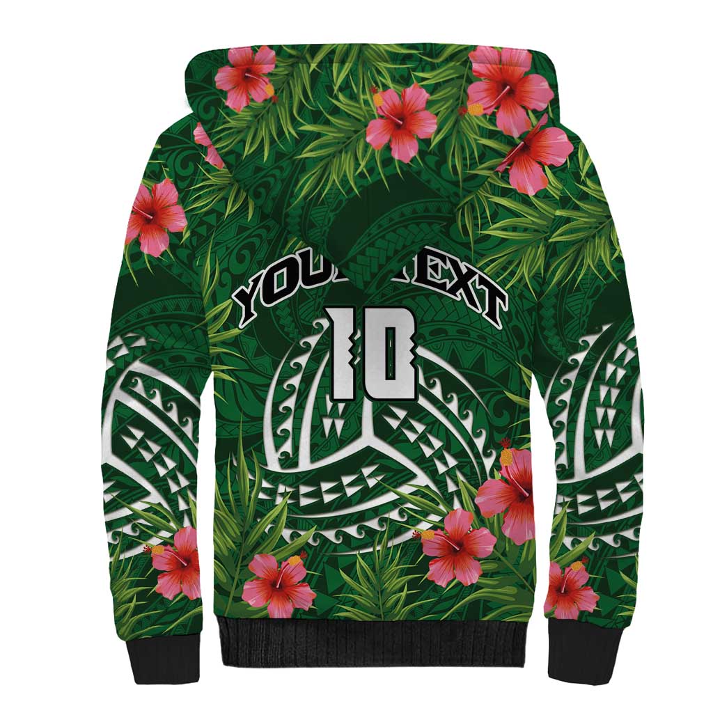 Custom Hawaii Volleyball Sherpa Hoodie Kakau Abstract and Tropical Plants Green Color - Polynesian Pride