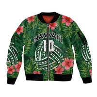 Custom Hawaii Volleyball Sleeve Zip Bomber Jacket Kakau Abstract and Tropical Plants Green Color - Polynesian Pride
