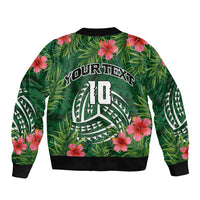 Custom Hawaii Volleyball Sleeve Zip Bomber Jacket Kakau Abstract and Tropical Plants Green Color - Polynesian Pride