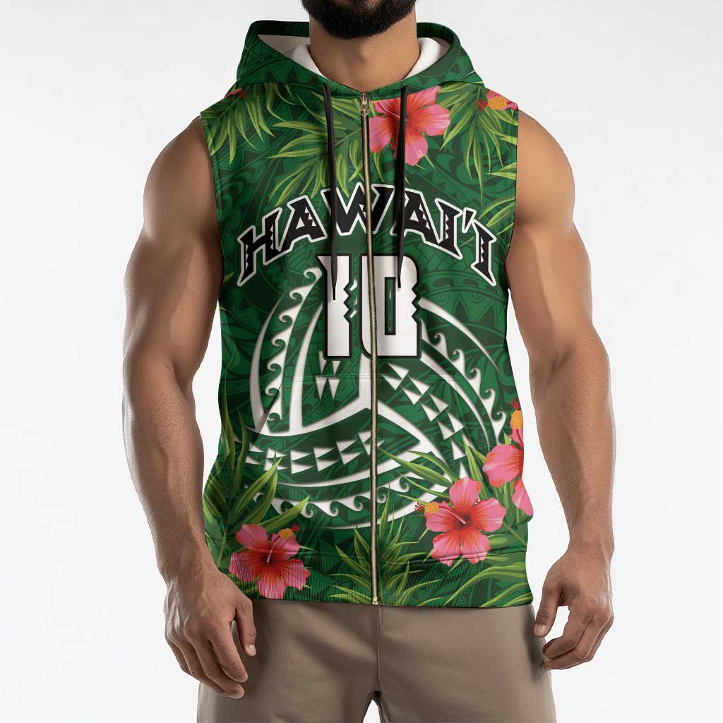 Custom Hawaii Volleyball Sleeveless Zip Hoodie Kakau Abstract and Tropical Plants Green Color - Polynesian Pride