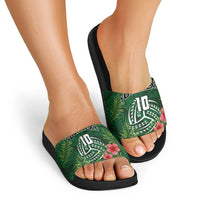 Custom Hawaii Volleyball Slide Sandals Kakau Abstract and Tropical Plants Green Color - Polynesian Pride