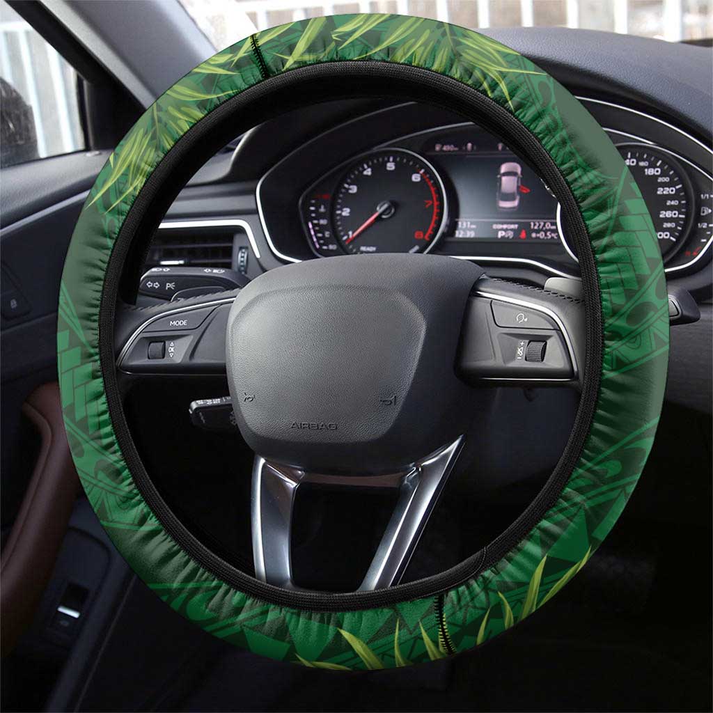 Hawaii Volleyball Steering Wheel Cover Kakau Abstract and Tropical Plants Green Color - Polynesian Pride