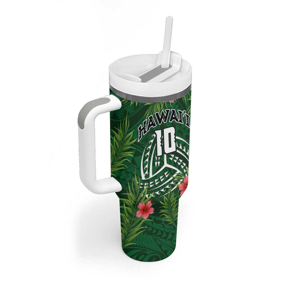 Custom Hawaii Volleyball Tumbler With Handle Kakau Abstract and Tropical Plants Green Color - Polynesian Pride