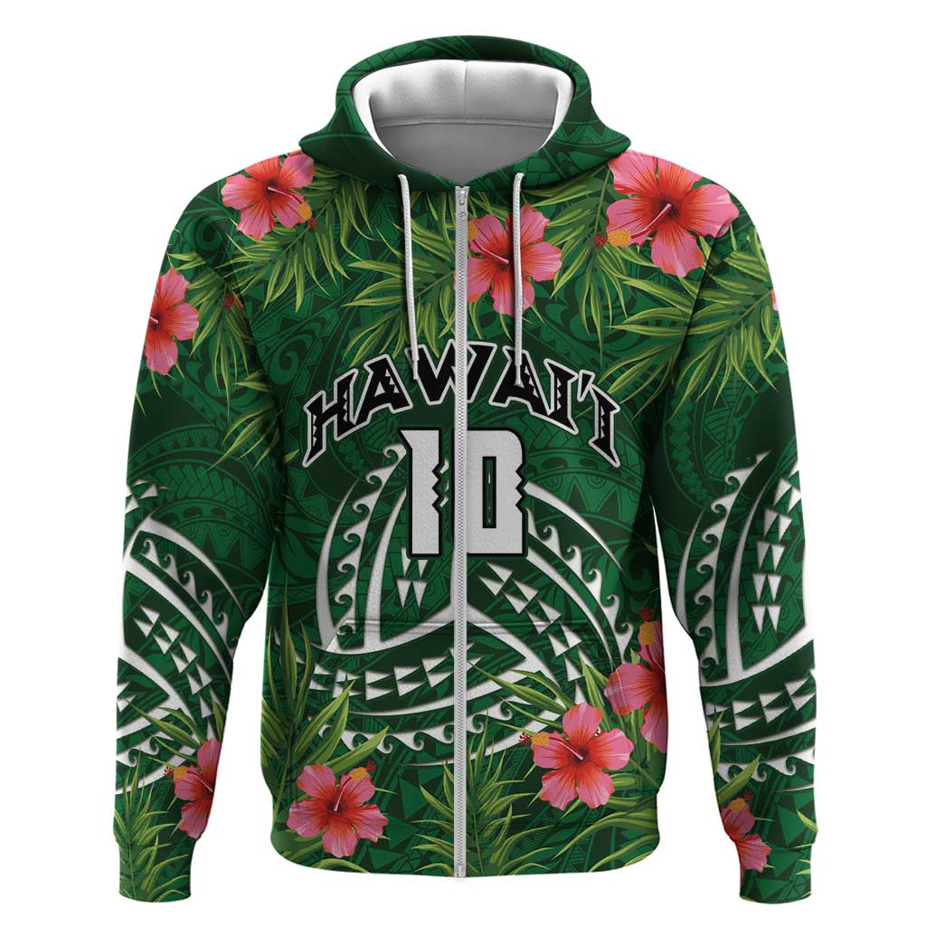 Custom Hawaii Volleyball Zip Hoodie Kakau Abstract and Tropical Plants Green Color - Polynesian Pride