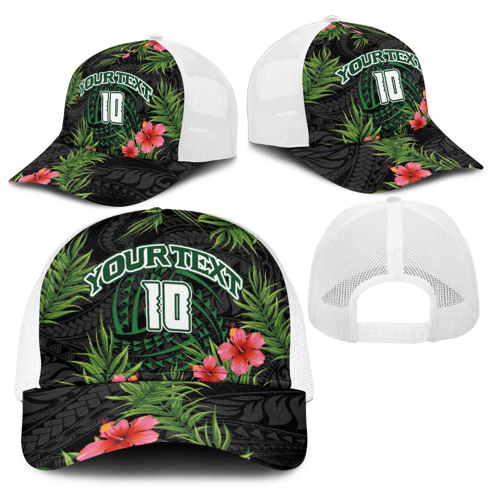 Custom Hawaii Volleyball Baseball Net Cap Kakau Abstract and Tropical Plants Black Color - Polynesian Pride