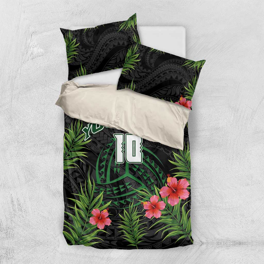 Custom Hawaii Volleyball Bedding Set Kakau Abstract and Tropical Plants Black Color - Polynesian Pride