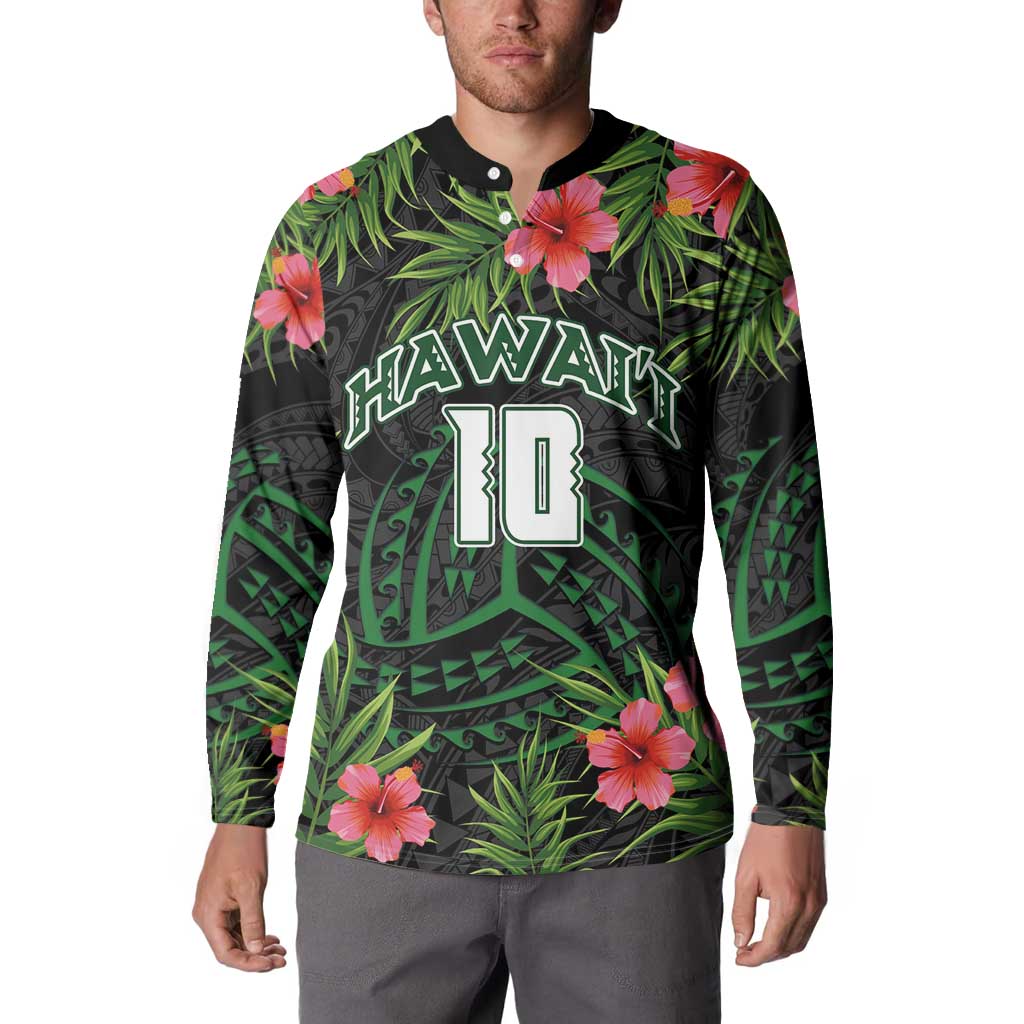 Custom Hawaii Volleyball Button Sweatshirt Kakau Abstract and Tropical Plants Black Color - Polynesian Pride