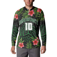 Custom Hawaii Volleyball Button Sweatshirt Kakau Abstract and Tropical Plants Black Color - Polynesian Pride