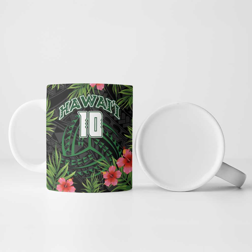 Custom Hawaii Volleyball Ceramic Mug Kakau Abstract and Tropical Plants Black Color - Polynesian Pride