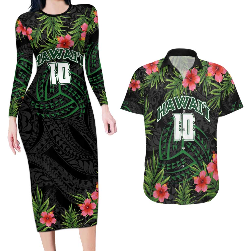 Custom Hawaii Volleyball Couples Matching Long Sleeve Bodycon Dress and Hawaiian Shirt Kakau Abstract and Tropical Plants Black Color - Polynesian Pride