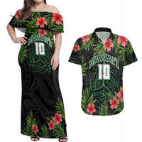 Custom Hawaii Volleyball Couples Matching Off Shoulder Maxi Dress and Hawaiian Shirt Kakau Abstract and Tropical Plants Black Color - Polynesian Pride