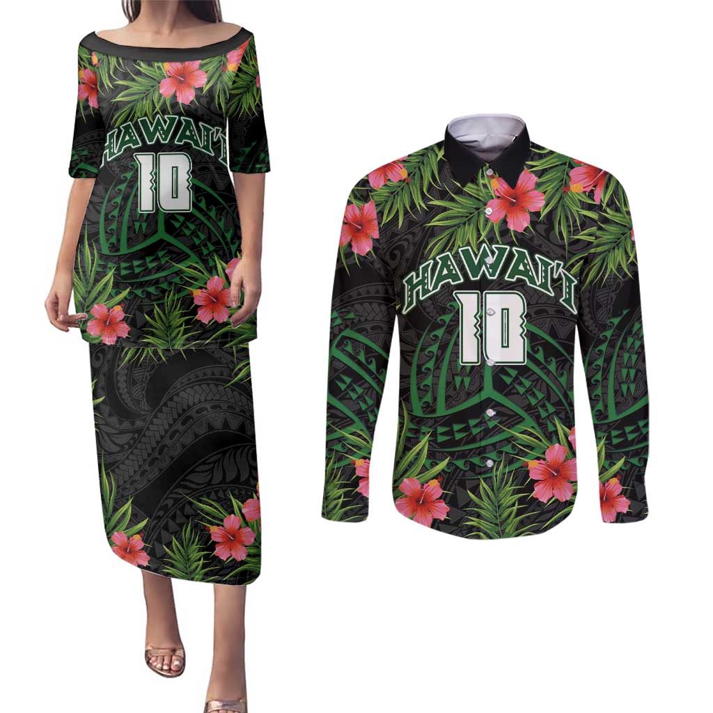 Custom Hawaii Volleyball Couples Matching Puletasi and Long Sleeve Button Shirt Kakau Abstract and Tropical Plants Black Color - Polynesian Pride
