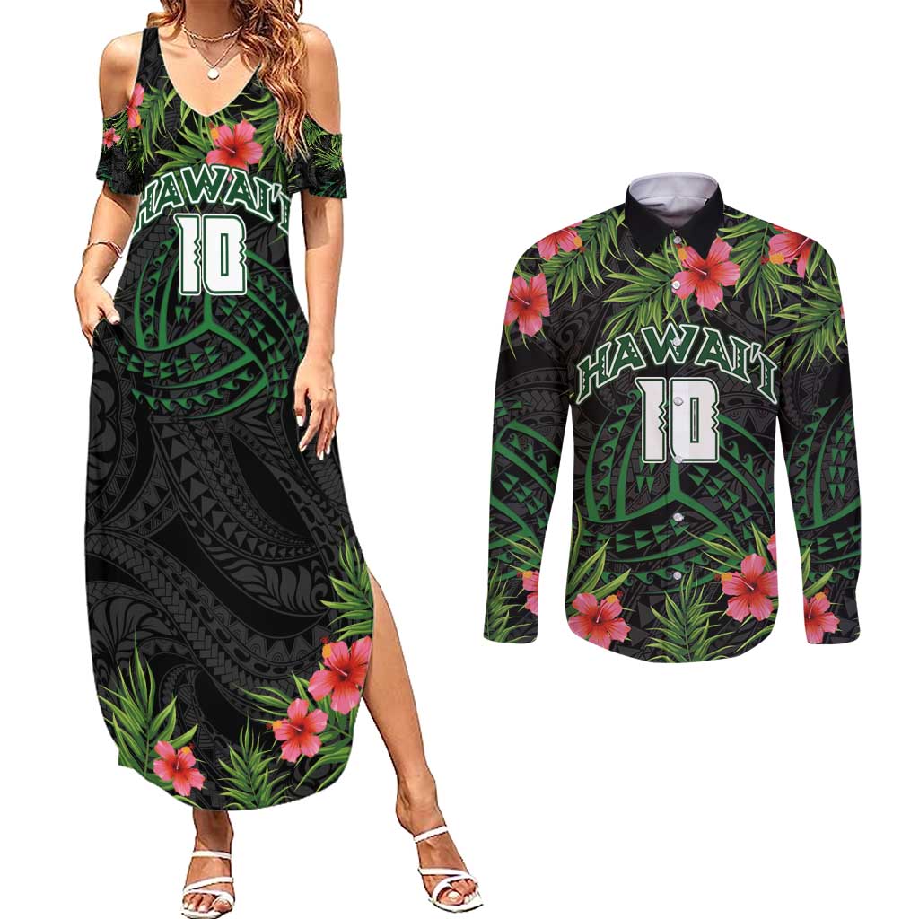 Custom Hawaii Volleyball Couples Matching Summer Maxi Dress and Long Sleeve Button Shirt Kakau Abstract and Tropical Plants Black Color - Polynesian Pride