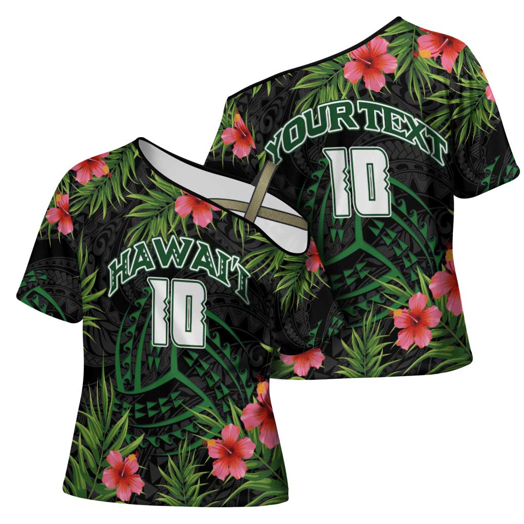 Custom Hawaii Volleyball Cross Shoulder Shirt Kakau Abstract and Tropical Plants Black Color - Polynesian Pride