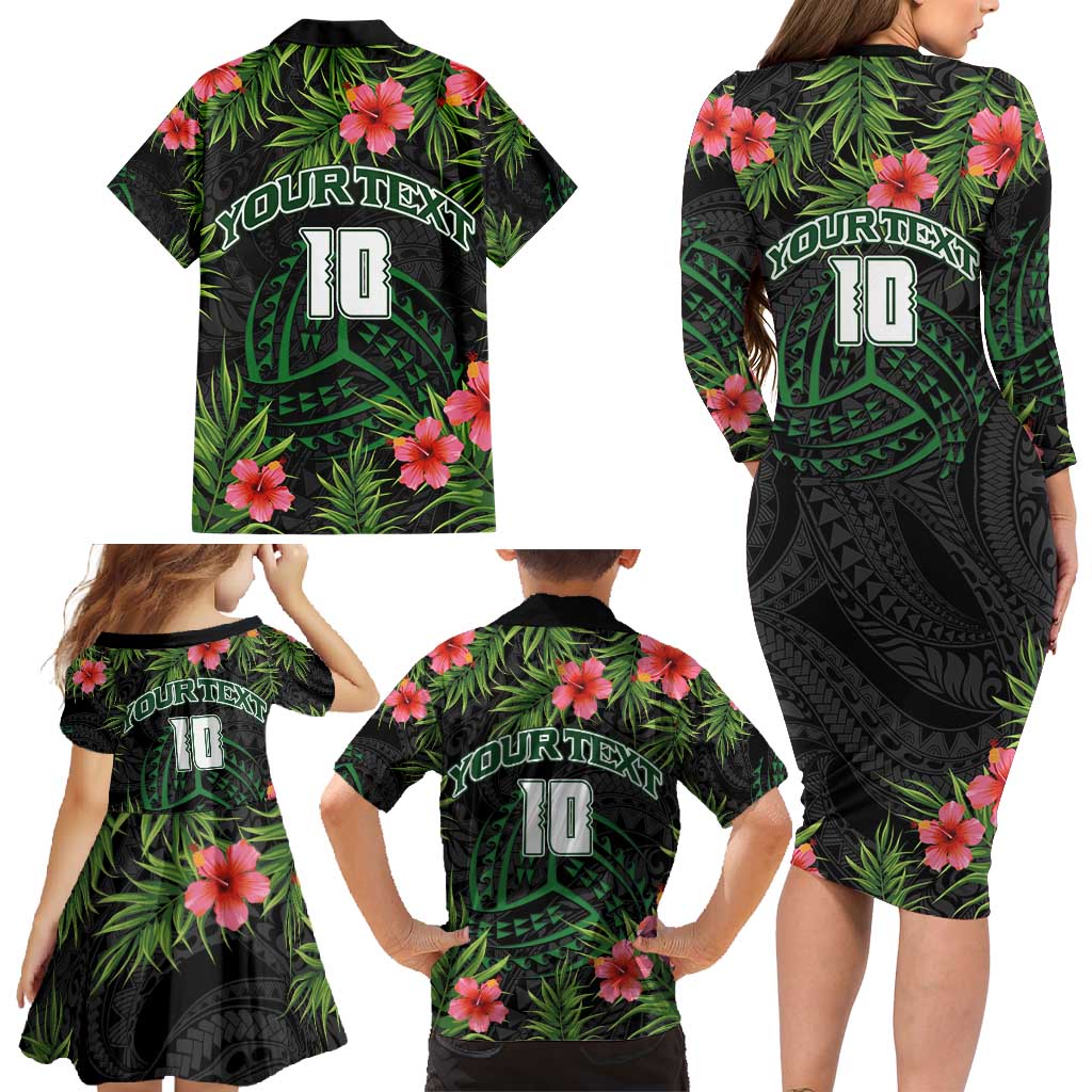 Custom Hawaii Volleyball Family Matching Long Sleeve Bodycon Dress and Hawaiian Shirt Kakau Abstract and Tropical Plants Black Color - Polynesian Pride