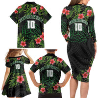 Custom Hawaii Volleyball Family Matching Long Sleeve Bodycon Dress and Hawaiian Shirt Kakau Abstract and Tropical Plants Black Color - Polynesian Pride