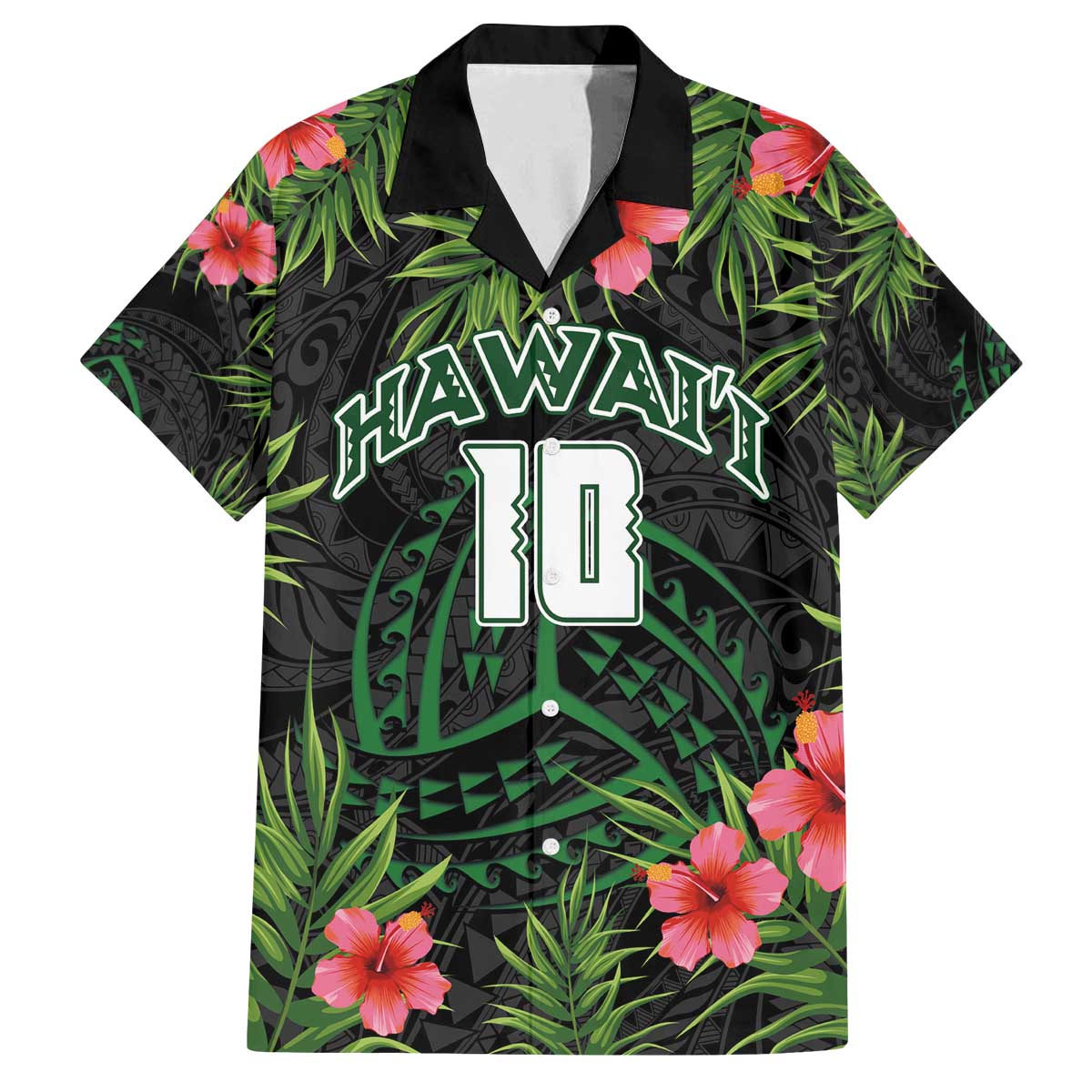 Custom Hawaii Volleyball Family Matching Off The Shoulder Long Sleeve Dress and Hawaiian Shirt Kakau Abstract and Tropical Plants Black Color - Polynesian Pride