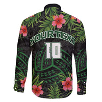 Custom Hawaii Volleyball Family Matching Off The Shoulder Long Sleeve Dress and Hawaiian Shirt Kakau Abstract and Tropical Plants Black Color - Polynesian Pride