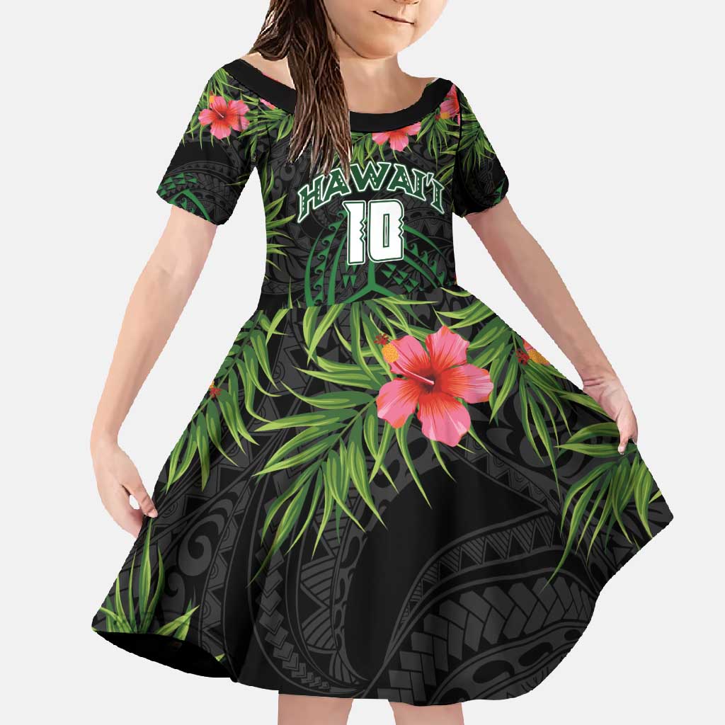 Custom Hawaii Volleyball Family Matching Off Shoulder Maxi Dress and Hawaiian Shirt Kakau Abstract and Tropical Plants Black Color - Polynesian Pride