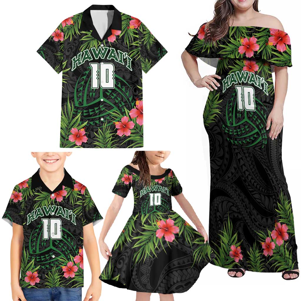 Custom Hawaii Volleyball Family Matching Off Shoulder Maxi Dress and Hawaiian Shirt Kakau Abstract and Tropical Plants Black Color - Polynesian Pride