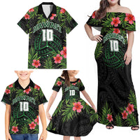 Custom Hawaii Volleyball Family Matching Off Shoulder Maxi Dress and Hawaiian Shirt Kakau Abstract and Tropical Plants Black Color - Polynesian Pride