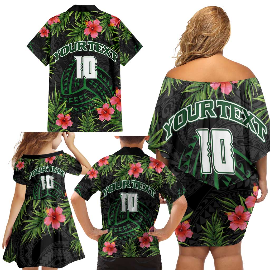 Custom Hawaii Volleyball Family Matching Off Shoulder Short Dress and Hawaiian Shirt Kakau Abstract and Tropical Plants Black Color - Polynesian Pride