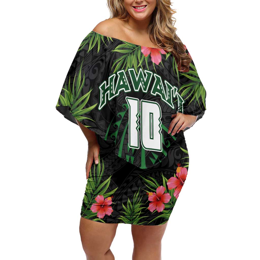 Custom Hawaii Volleyball Family Matching Off Shoulder Short Dress and Hawaiian Shirt Kakau Abstract and Tropical Plants Black Color - Polynesian Pride