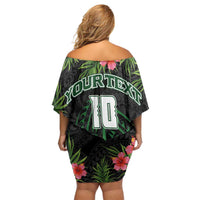 Custom Hawaii Volleyball Family Matching Off Shoulder Short Dress and Hawaiian Shirt Kakau Abstract and Tropical Plants Black Color - Polynesian Pride