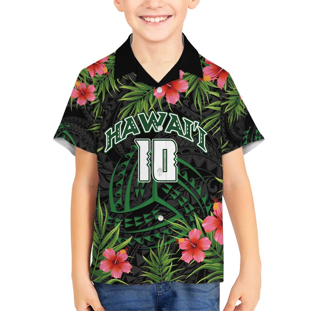 Custom Hawaii Volleyball Family Matching Off Shoulder Short Dress and Hawaiian Shirt Kakau Abstract and Tropical Plants Black Color - Polynesian Pride